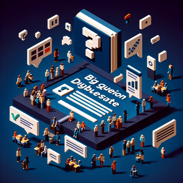 3D voxel art depicting online surveys and questions on a dark blue background, representing big question debates.