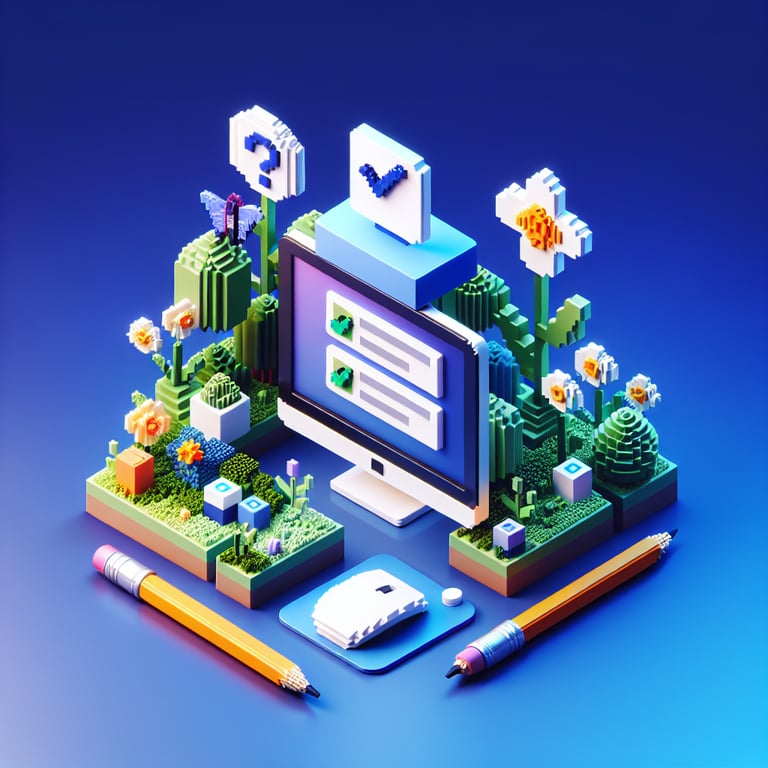 3D voxel art depicting online spring surveys on a dark blue background.
