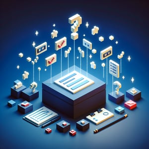3D voxel art depicting online gender surveys, featuring engaging elements on a dark blue background.