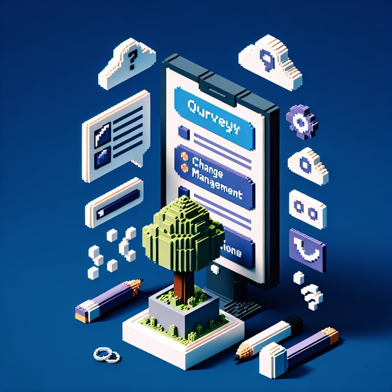 3D voxel art depicting online change management survey process on a dark blue background.