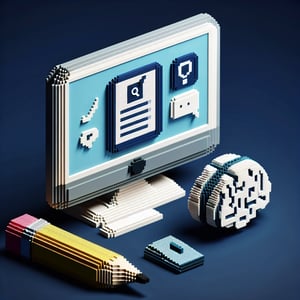 3D voxel art depicting online mental health surveys for students on a dark blue background.