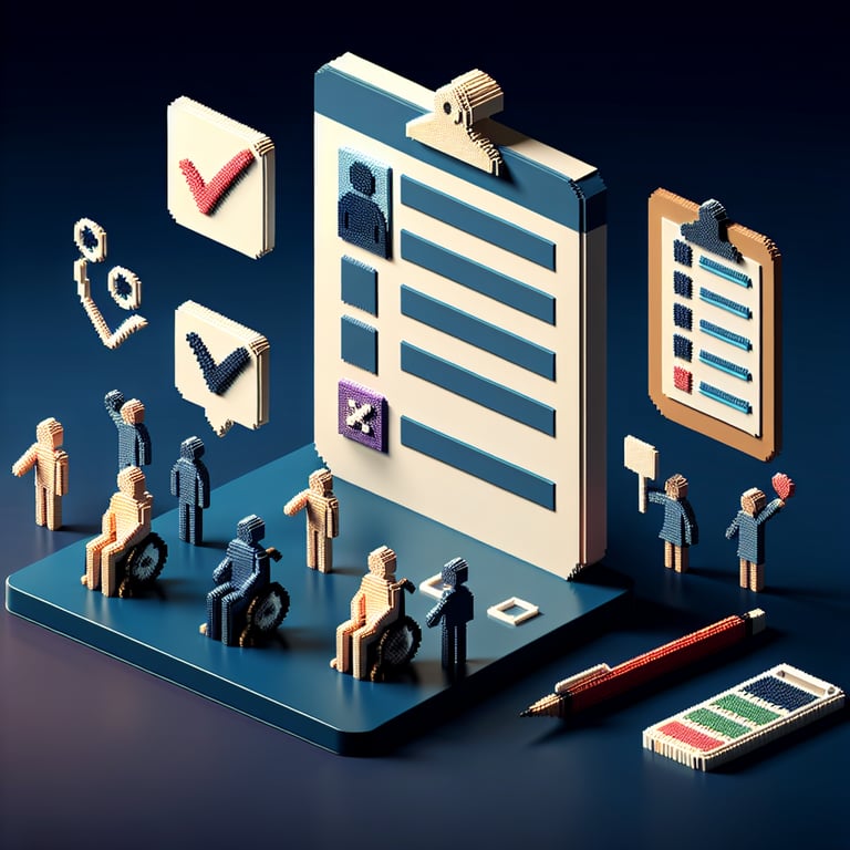Artistic 3D voxel model illustrating an online disability discrimination survey process