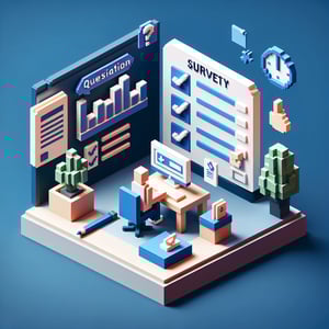 3D voxel art depicting online prostate cancer surveys on a dark blue background.