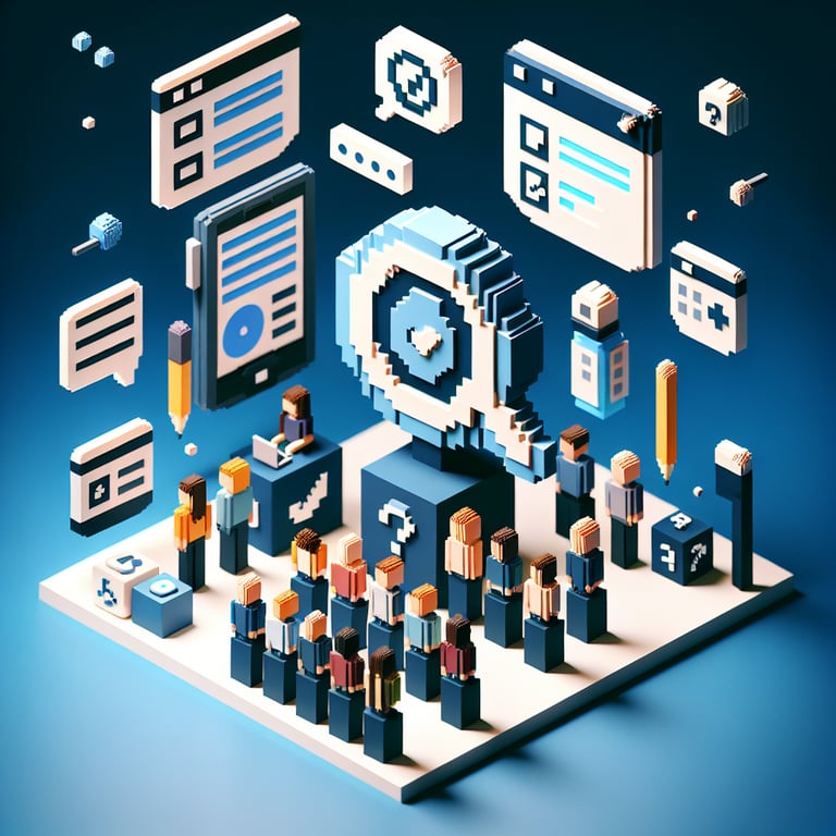 3D voxel art depicting the concept of online college student surveys on a dark blue background.