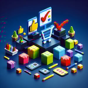 3D voxel art depicting online shopping center satisfaction survey concept on a dark blue background.