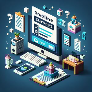 3D voxel art depicting online surveys for working mothers, set against a dark blue background.