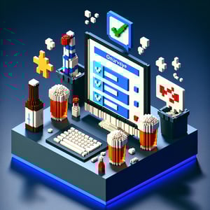 3D voxel art depicting online survey concept on a dark blue background, related to binge drinking.