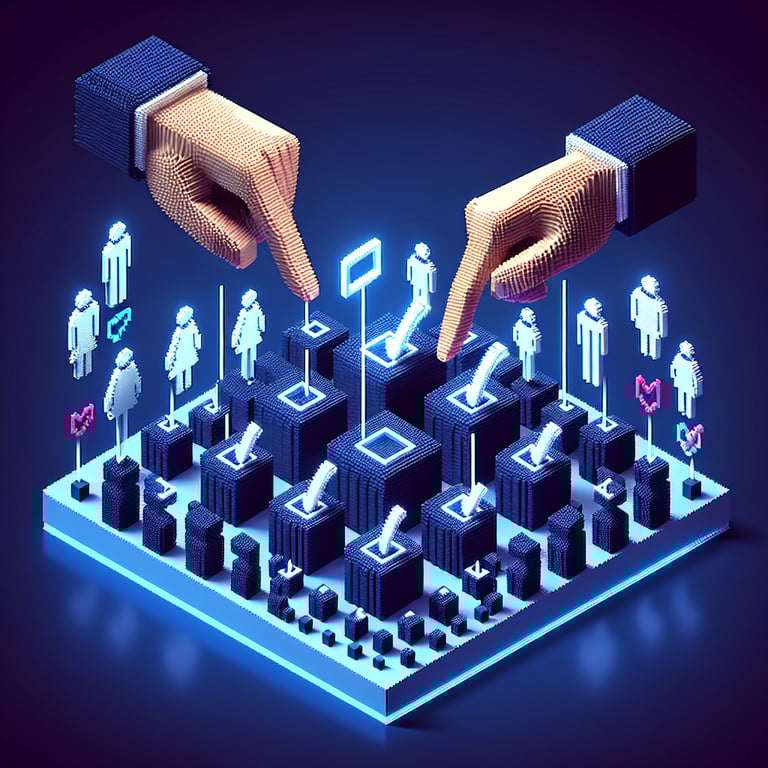 3D voxel art illustrating online survey creation, specifically focusing on gender questions, against a dark blue background.