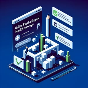 3D voxel art depicting the concept of online psychological health surveys on a dark blue background.