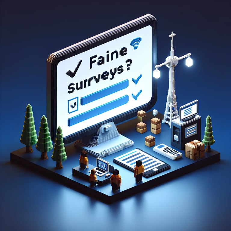 3D voxel art depicting online fairness surveys on a dark blue background.