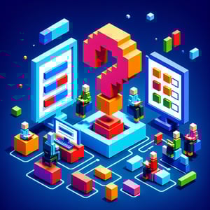 3D voxel art depicting online forum surveys on a dark blue background.