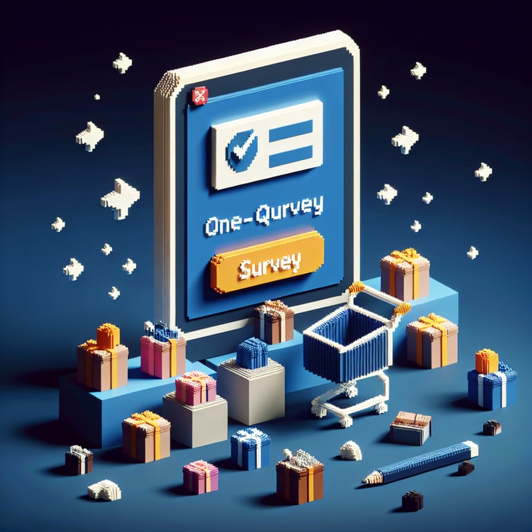 Artistic 3D voxel art illustrating a single-question retail poll for shoppers