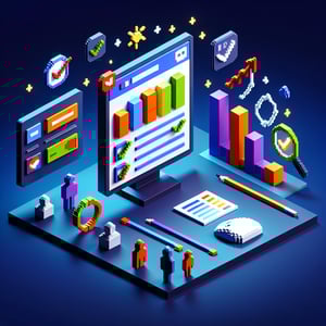 3D voxel art depicting online surveys, symbolizing digital marketing survey questions on a dark blue background.