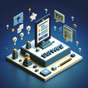3D voxel art depicting online community surveys on a dark blue background.