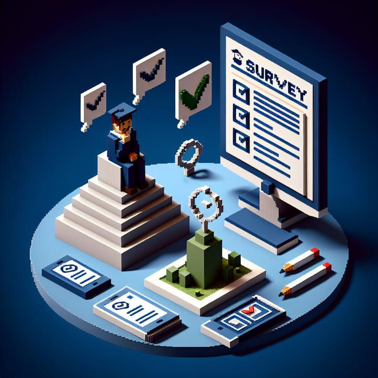 3D voxel art depicting online student surveys on a dark blue background.