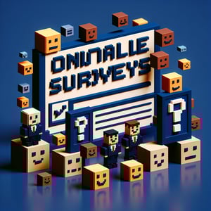 3D voxel art depicting the concept of online morale surveys on a dark blue background.
