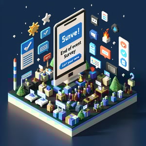 3D voxel art depicting online surveys, symbolizing end of event survey questions on a dark blue background.