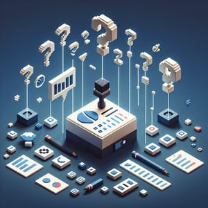 3D voxel art depicting online survey concept on a dark blue background, representing 