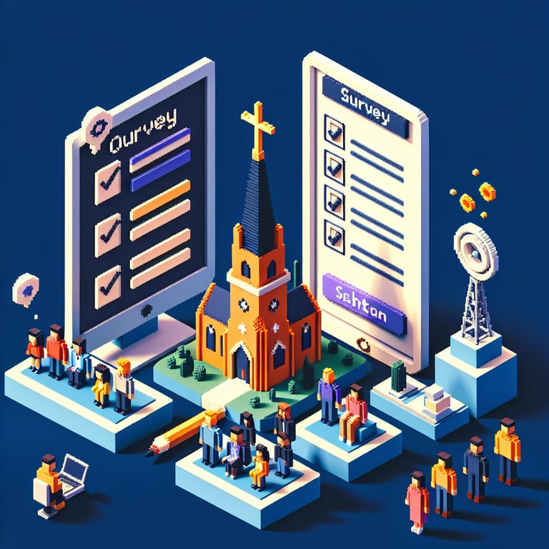 3D voxel art depicting online surveys concept, set against a dark blue background, for church retreats.