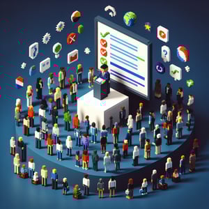 3D voxel art representing online political ideology surveys on a dark blue background.