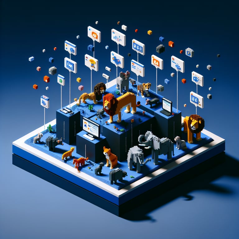 3D voxel art depicting online zoo surveys with a dark blue background.
