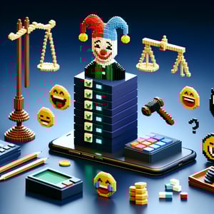 3D voxel art depicting online prank call surveys with engaging elements on a dark blue background.