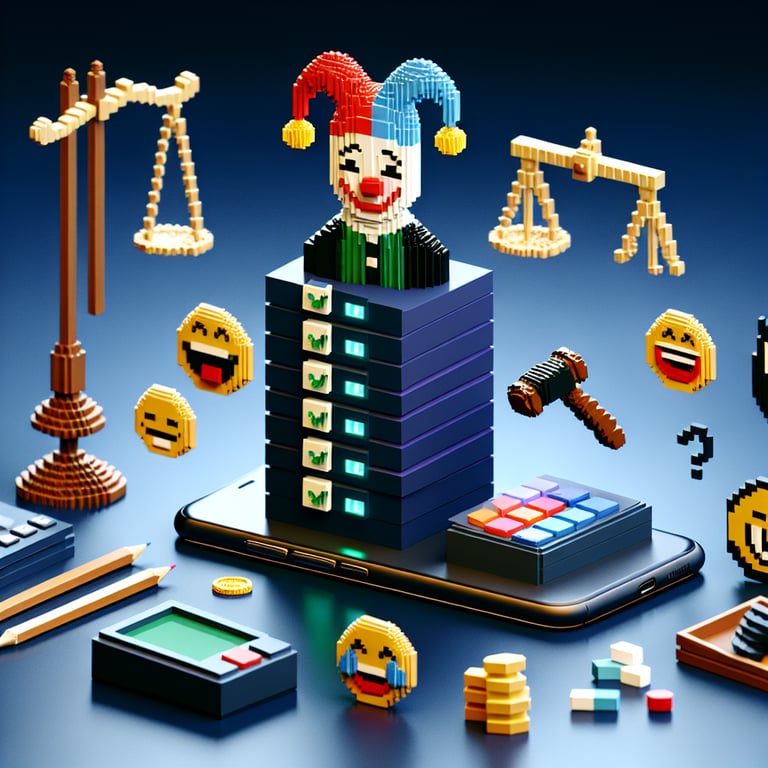 3d voxel mosaic depicting an interactive prank call survey interface in playful style