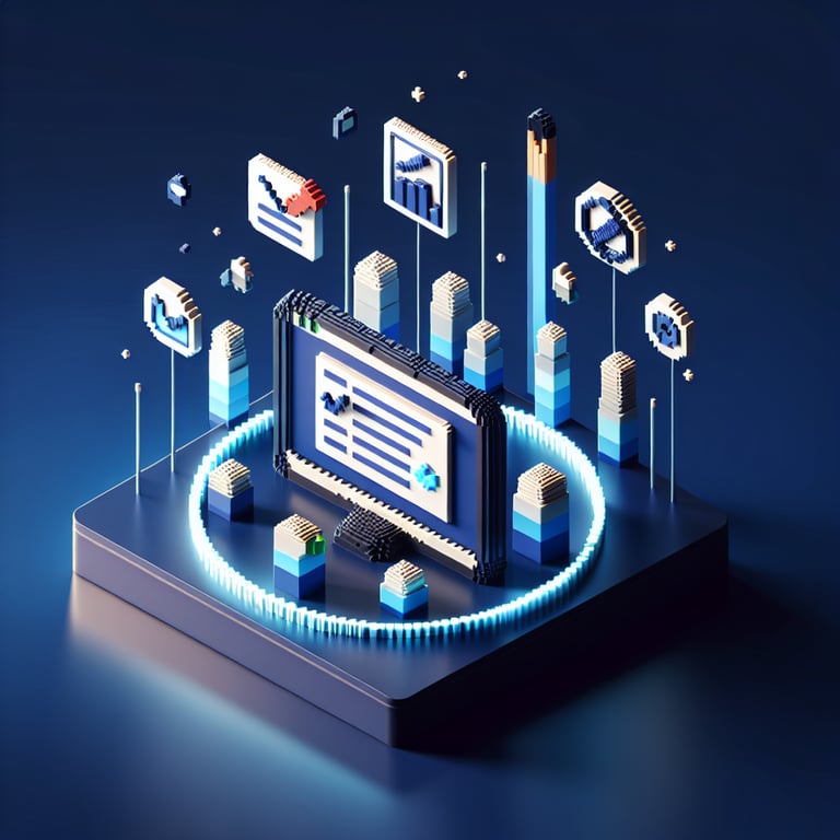 3D voxel art depicting online surveys and questions on a dark blue background, symbolizing data privacy.