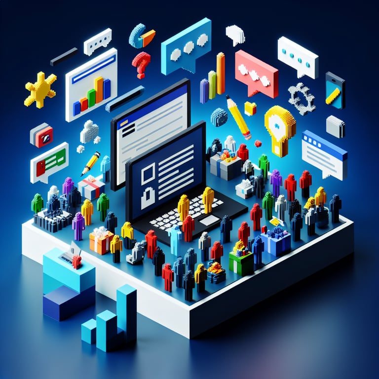 3D voxel art depicting online surveys for new product development on a dark blue background.