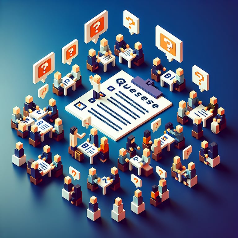 3D voxel art depicting online collaboration surveys on a dark blue background.