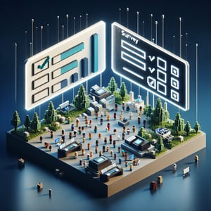 3D voxel art depicting online employee surveys against a dark blue background.