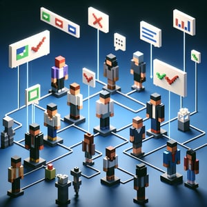 3D voxel art depicting online surveys, symbolizing bystander effect survey questions.