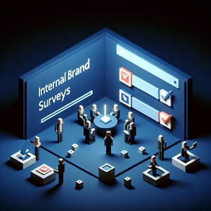 3D voxel art depicting online internal brand survey process on a dark blue background.