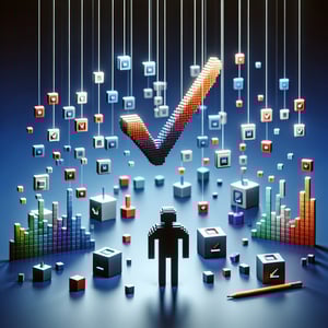 3D voxel art depicting online surveys, expressing concept of attitude measurement questions on a dark blue background.