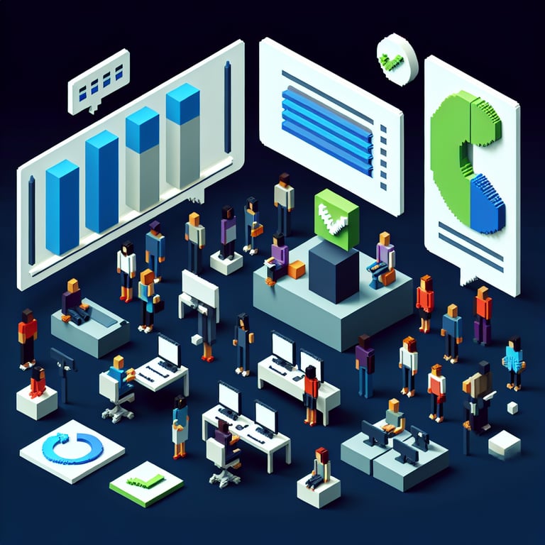 3D voxel art depicting online facilities survey concept on a dark blue background.