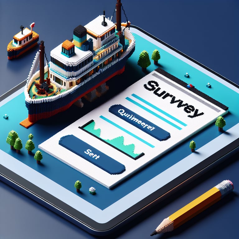3D voxel art depicting the concept of online boat surveys on a dark blue background.
