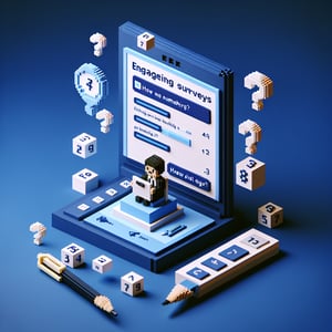 3D voxel art showcasing online surveys with engaging elements on a dark blue background.