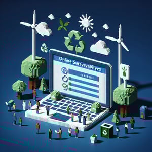 3D voxel art depicting online sustainability surveys on a dark blue background.