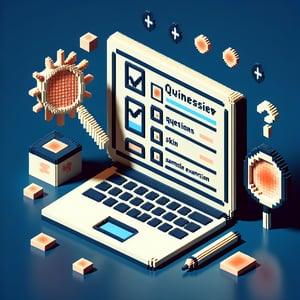 3D voxel art of online survey concept with skin cancer theme on a dark blue background.