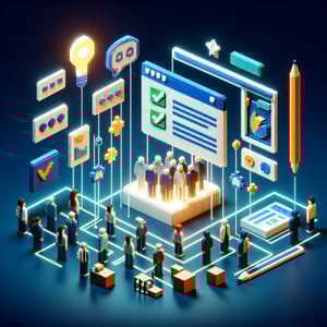 3D voxel art depicting online surveys and questions on a dark blue background.