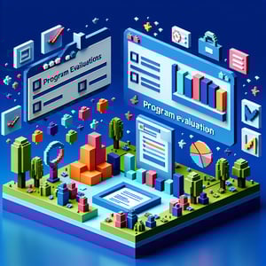 3D voxel art depicting online surveys, symbolizing program evaluation survey questions.