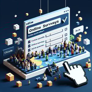 3D voxel art illustrating the concept of online Active Australia survey with a dark blue background.