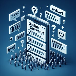 3D voxel art depicting online surveys, symbolizing employee pulse survey questions on a dark blue background.