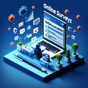 3D voxel art depicting online surveys on a dark blue background, symbolizing corona virus-related inquiries.