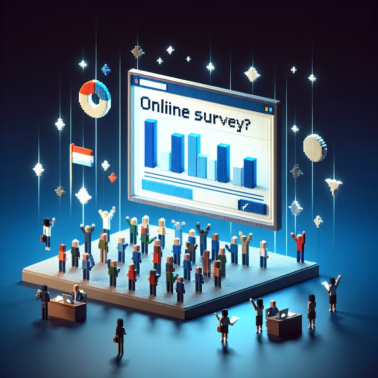 3D voxel art depicting online political ideology surveys on a dark blue background.
