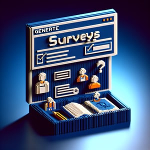 3D voxel art depicting online college class surveys on a dark blue background.