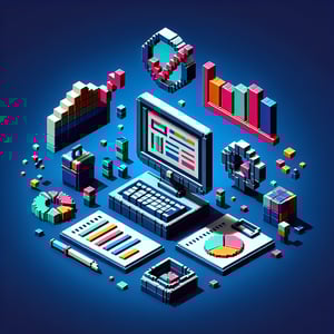 3D voxel art depicting online market research surveys on a dark blue background.