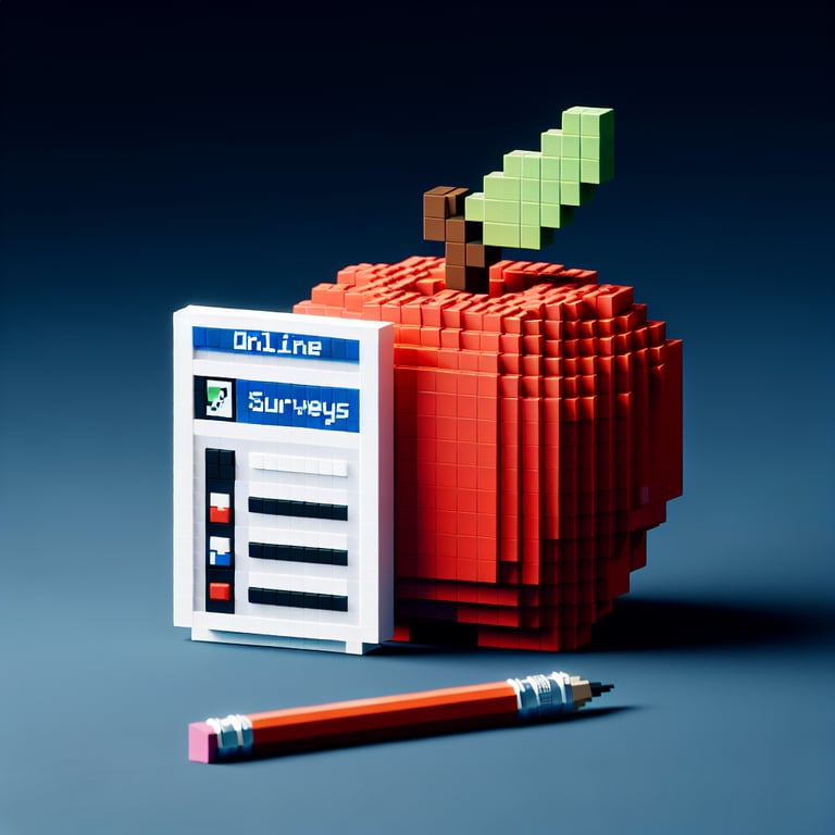 3D voxel art depicting online back to school surveys on a dark blue background.