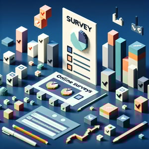 3D voxel art depicting online community center survey concept on a dark blue background.