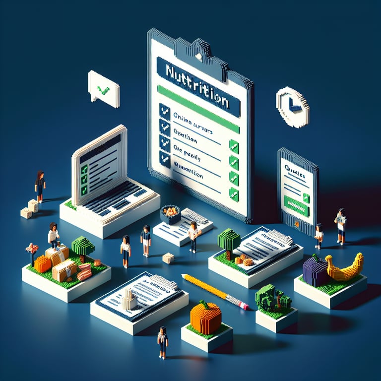 3D voxel art depicting online nutrition survey concept on a dark blue background.